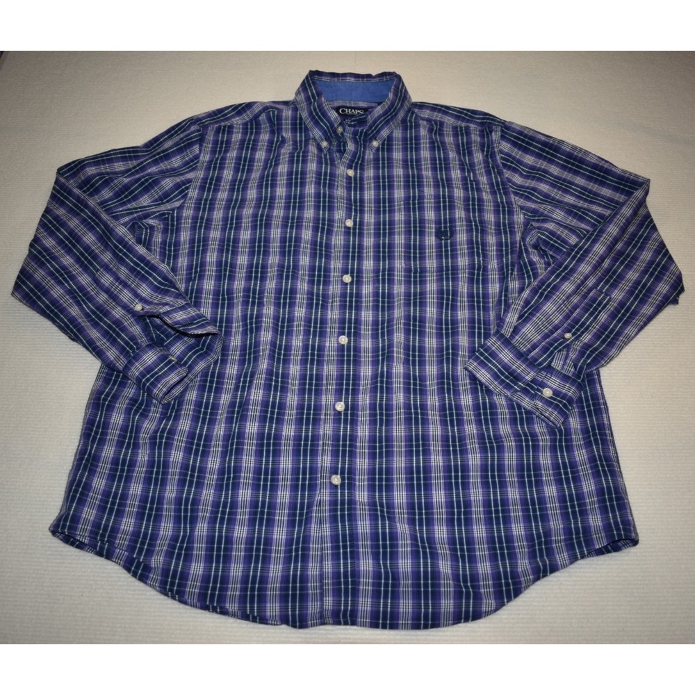Chaps Easy Care Long Sleeve Plaid Shirt/Purple/Navy/White Embroidered Logo XL